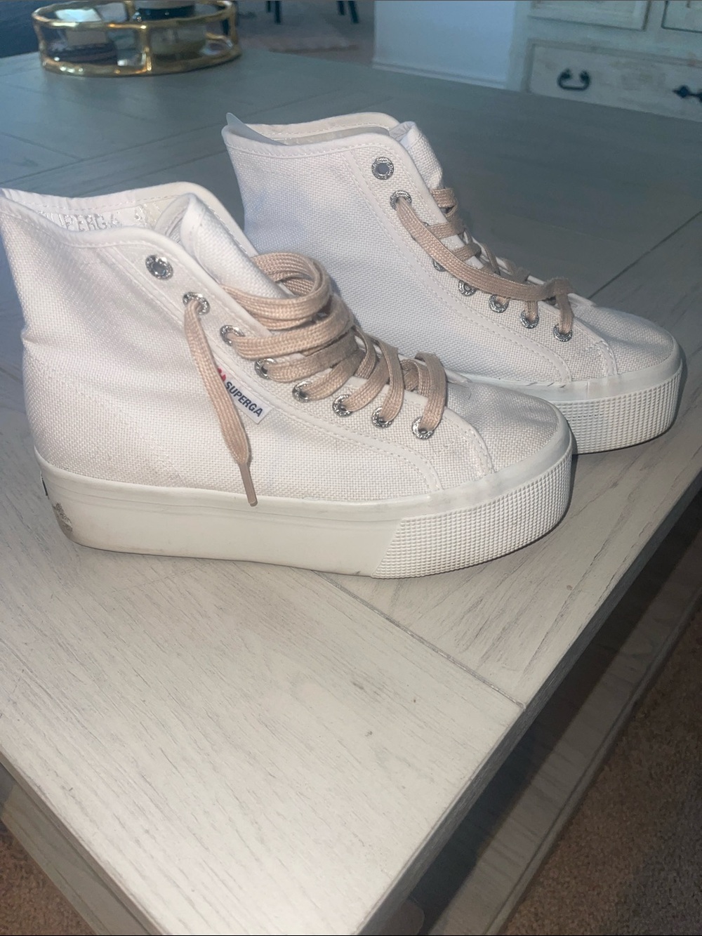 Superga White High-Top Platform Sneakers with Beige Laces